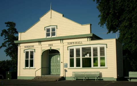 Historic 1904 town hall building with cream weatherboard exterior