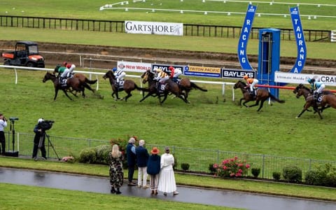Horse race in progress on turf track with spectators watching from trackside