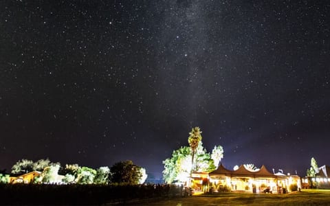 Winery venue lit up at night under a clear starry sky