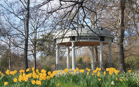 Neoclassical rotunda bandstand surrounded by daffodils and bare trees