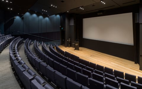 Dark blue-walled auditorium with curved rows of blue upholstered seats facing a timber-floored platform with projection screen