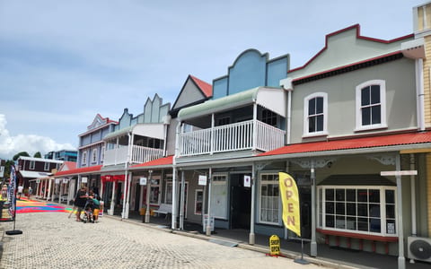 Historic building row with varied storefronts on paved street