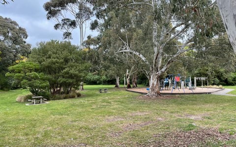 Park with large trees, grass lawn, picnic tables and playground
