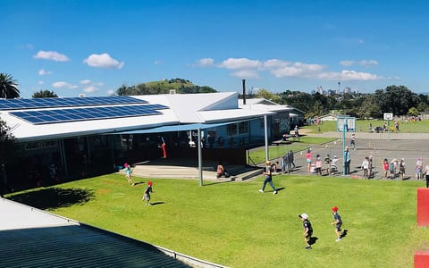 School grounds and playing field with building and trees visible