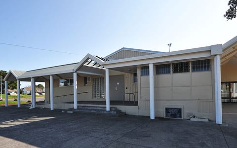 Single-storey hall with covered entrance canopy and white columns