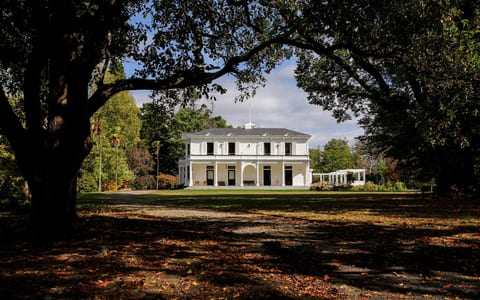 Two-storey white heritage villa seen through large trees in autumn