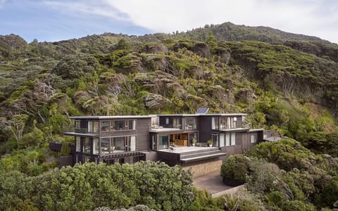 Dark-clad multi-level house with large windows set into dense bush-covered hillside