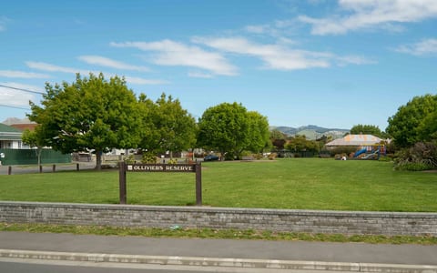 Open grassed reserve with trees and a playground in the background