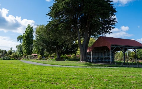 Open-sided picnic shelter with red roof beside trees in a park