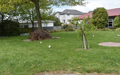 Suburban park with lawn, trees and residential buildings nearby