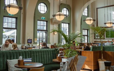 Backlit bar shelves with bottles under arched alcoves, timber counter, and tropical plants in the foreground