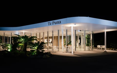 Modern curved building exterior illuminated at night with landscaping