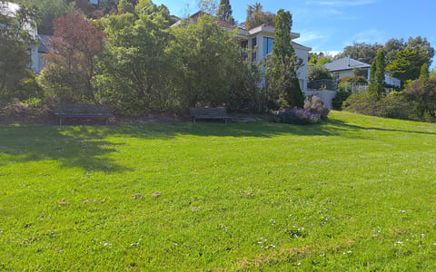 Grassed reserve with lawn, garden beds and residential buildings behind