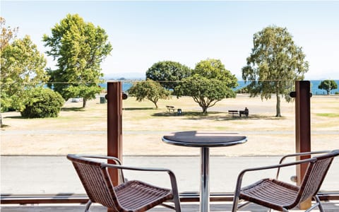 Balcony terrace with two rattan chairs and round table, overlooking park and lake