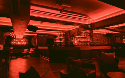 Dark basement bar with red neon lighting, curved bar counter, exposed brick walls, lounge seating