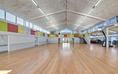 Large sports hall with timber floor, vaulted ceiling, colourful wall panels and basketball hoop