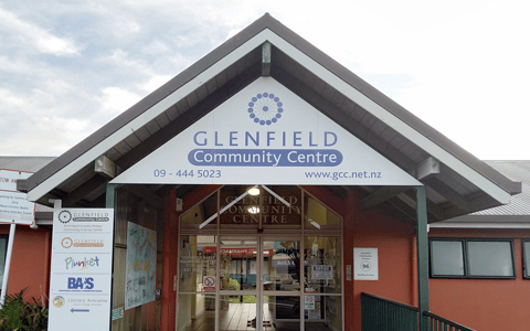 Glenfield Community Centre entrance with signage, phone number and website