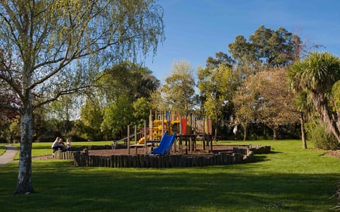 Playground with colourful equipment on a grass park with trees