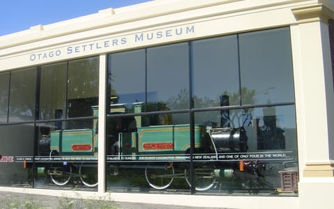 Museum building with historic locomotive on display