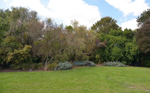 Parkland with bench seat, trees and open lawn