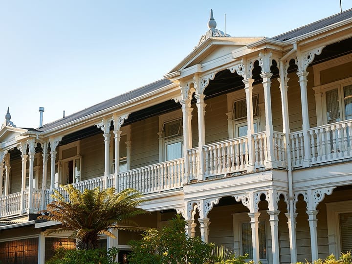 White two-storey Victorian-era hotel with ornate lacework verandahs, columns and decorative parapets