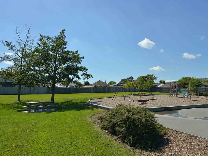 Open grassed reserve with playground equipment, picnic table and trees