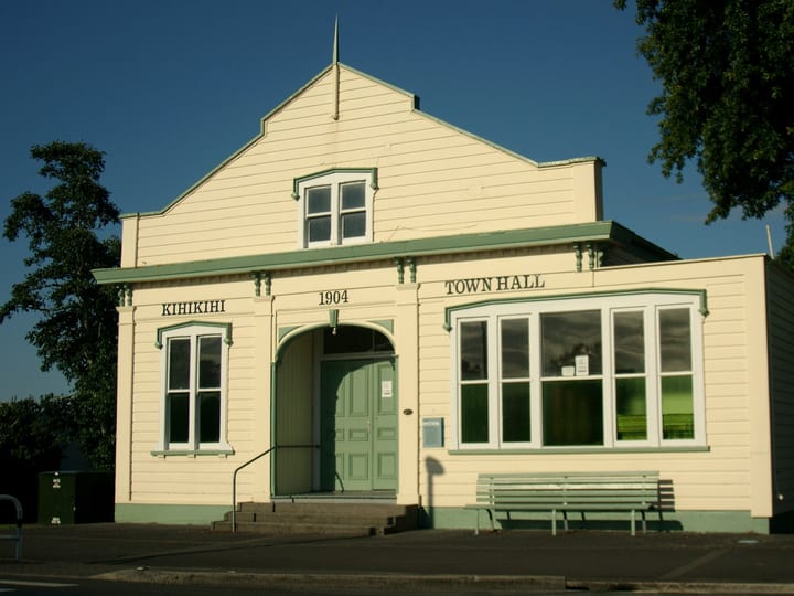Historic 1904 town hall building with cream weatherboard exterior