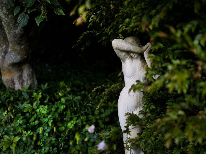 Stone garden statue of a figure amid dense foliage