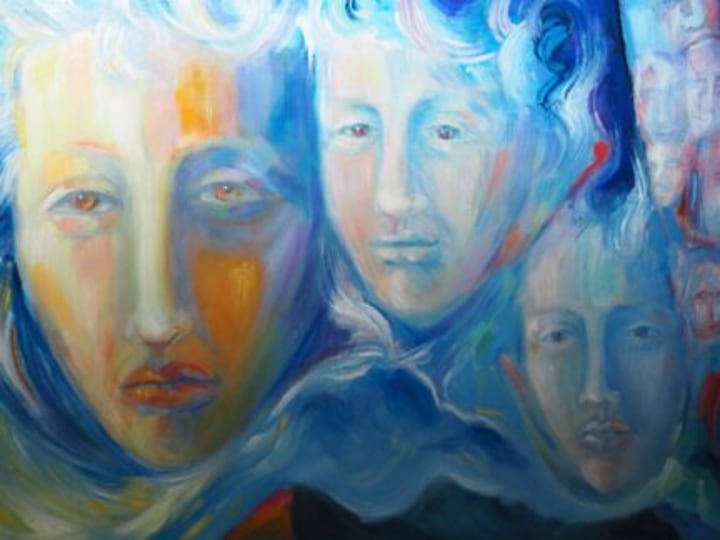 Painted artwork with multiple faces in blue and yellow tones