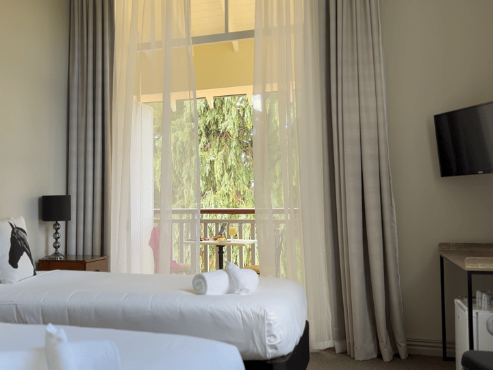 Hotel room with twin beds, sheer floor-to-ceiling curtains, balcony overlooking trees