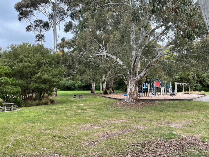 Park with large trees, grass lawn, picnic tables and playground