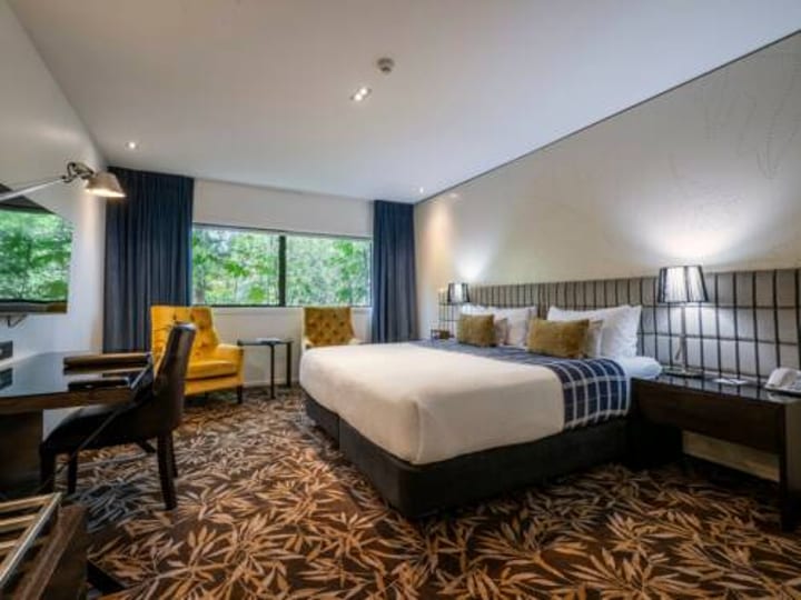 Hotel room with large bed, patterned carpet, yellow armchair and window overlooking trees