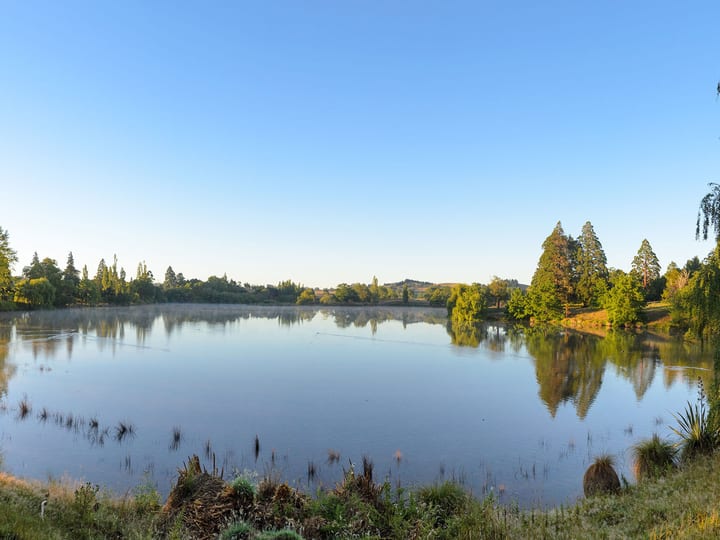 Still lake surrounded by trees reflected in calm water, open countryside beyond under clear sky
