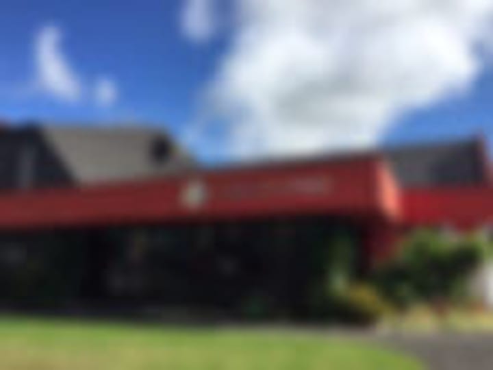 Low-resolution exterior of a building with red roof