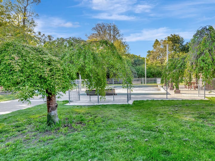 Grass lawn area with weeping trees and fenced court beyond