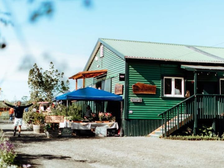 Green corrugated iron shed with gable roof, market stall canopy and potted plants outside