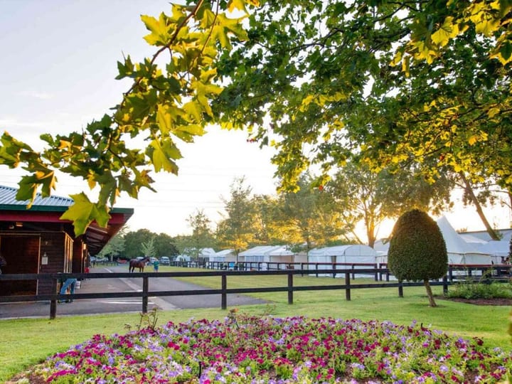 Grounds with flower beds, fencing and marquee structures at sunrise