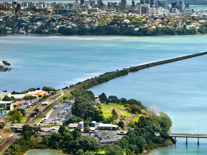 Aerial view of a tree-covered waterfront venue with city skyline in background
