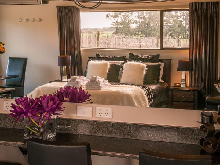 Studio room with bed, kitchenette and vineyard view through window