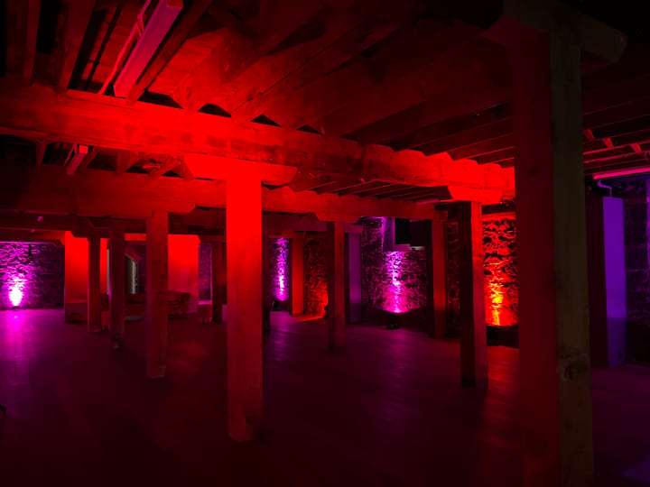 Stone and heavy timber interior bathed in red and purple uplighting, rows of structural columns on polished concrete