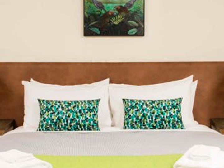 Double bed with patterned cushions and artwork above in lodge room