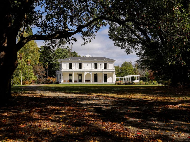 Two-storey white heritage villa seen through large trees in autumn