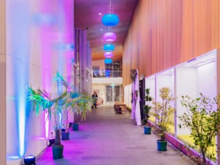 Long illuminated corridor with hanging pendant lights and potted plants