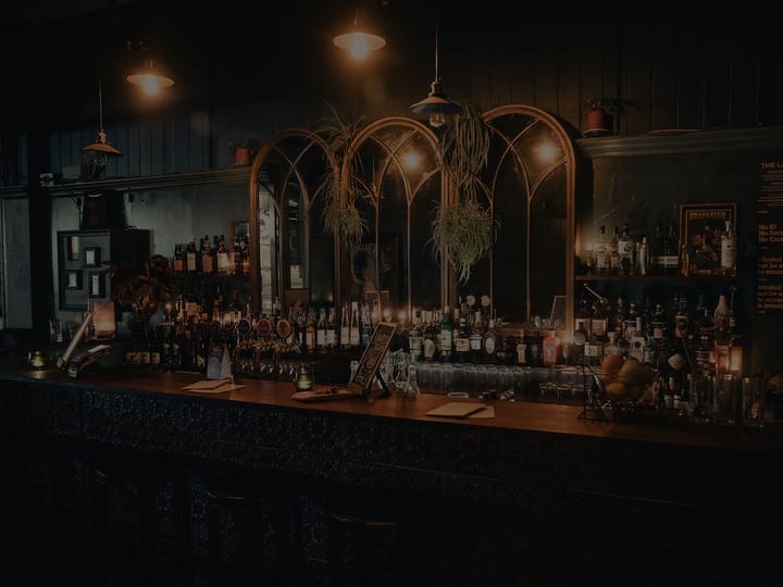 Dark timber bar with arched mirror panel, hanging plants, and rows of bottles