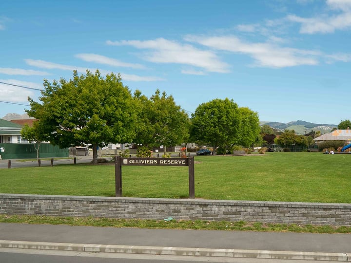 Open grassed reserve with trees and a playground in the background