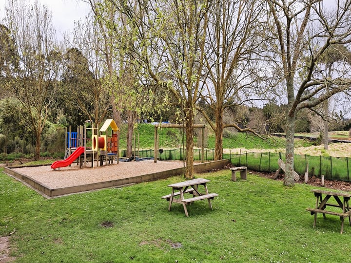 Outdoor playground with slide and climbing frame beside picnic tables and grass