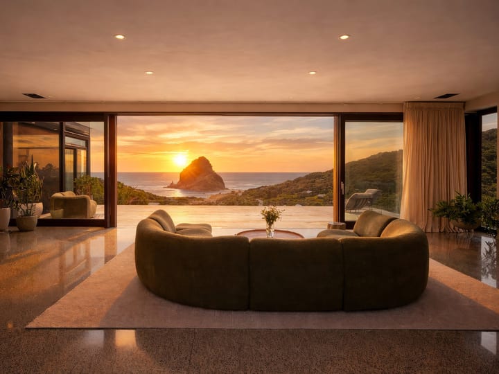 Open-plan lounge with curved sofa, polished stone floor and floor-to-ceiling windows overlooking ocean and rock