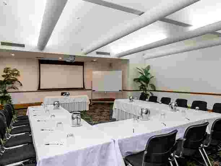 Conference room with U-shaped table, projection screen and plants