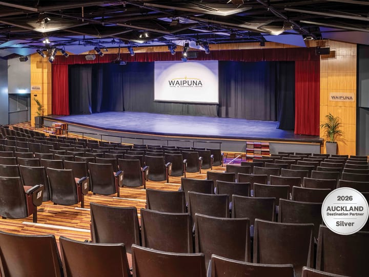 Large tiered auditorium with fixed seating and a raised stage with red curtain