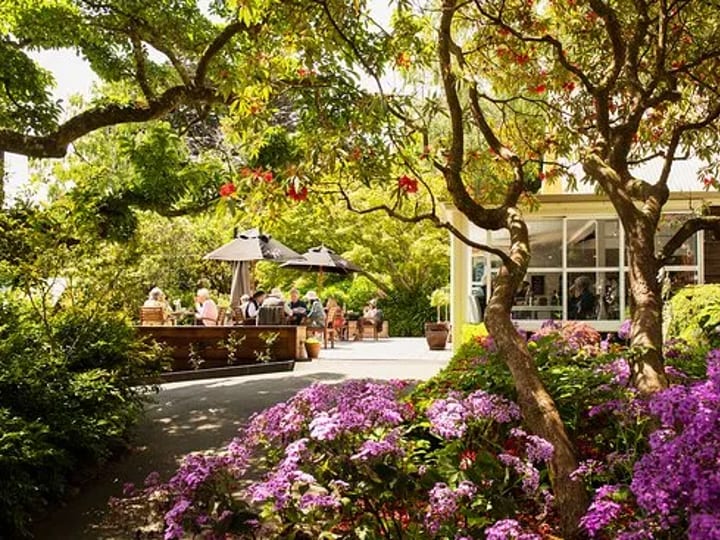 Garden terrace with flowering plants and trees beside venue building